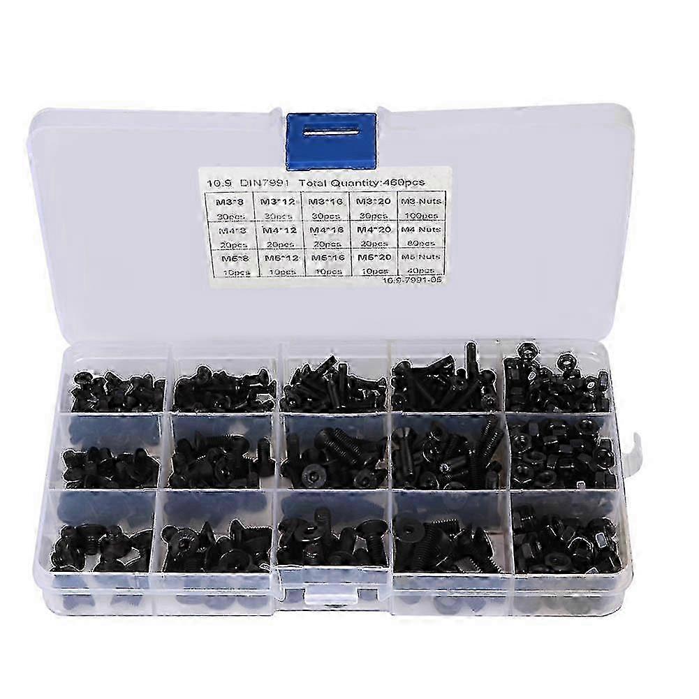 460Pcs Hex Socket Screw Set Black Flat Head Nut Carbon Steel Combination Boxed M3 M4 M5 miao4