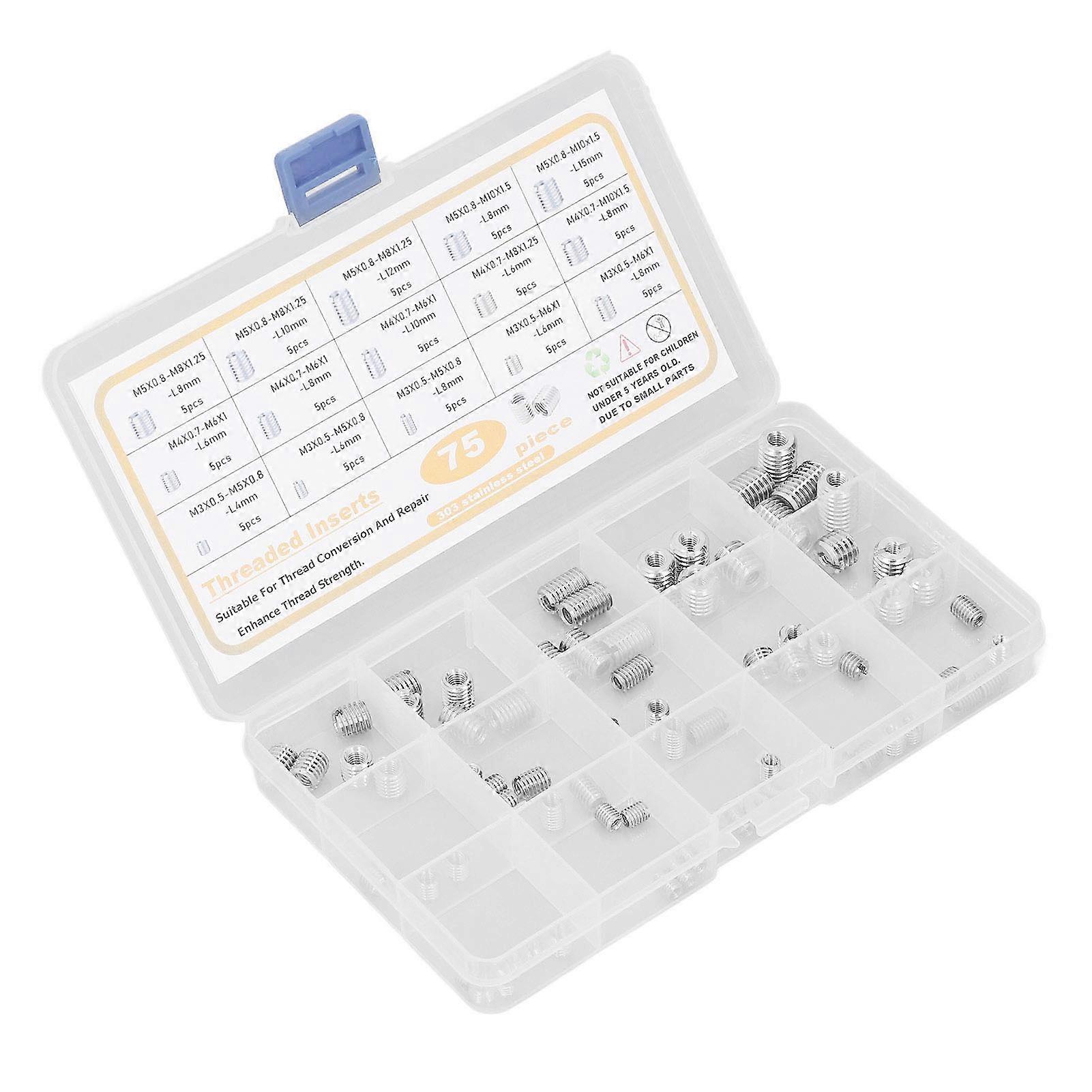 75PCS Threaded Insert Stainless Steel Silver Wear Resistant M3 M4 M5 Internal Thread Nut Kit