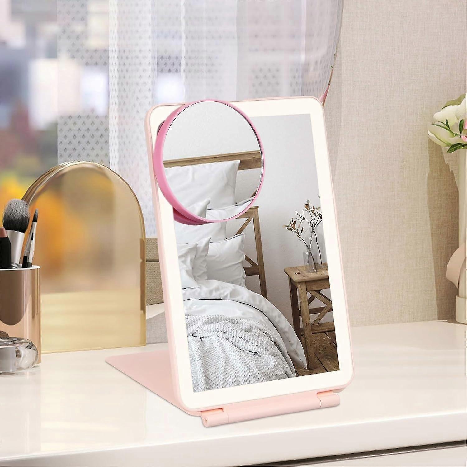 Foldable Makeup Mirror, Portable Illuminated Makeup Mirror with 10x Magnification, Rechargeable Mirror with 3 Bright Colors(Pink)