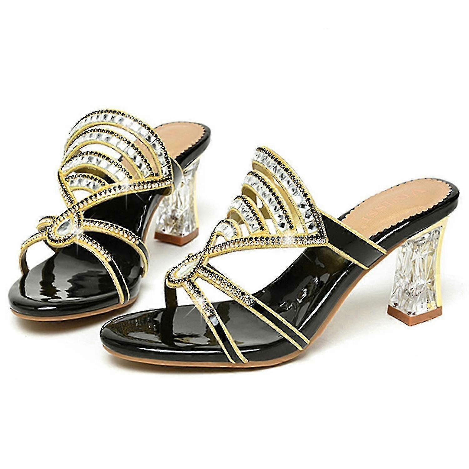 Women's Strappy Rhinestones Block Heel Slide Sandals Sparkle Bling Open Round Toe Slip On Crystal Mu