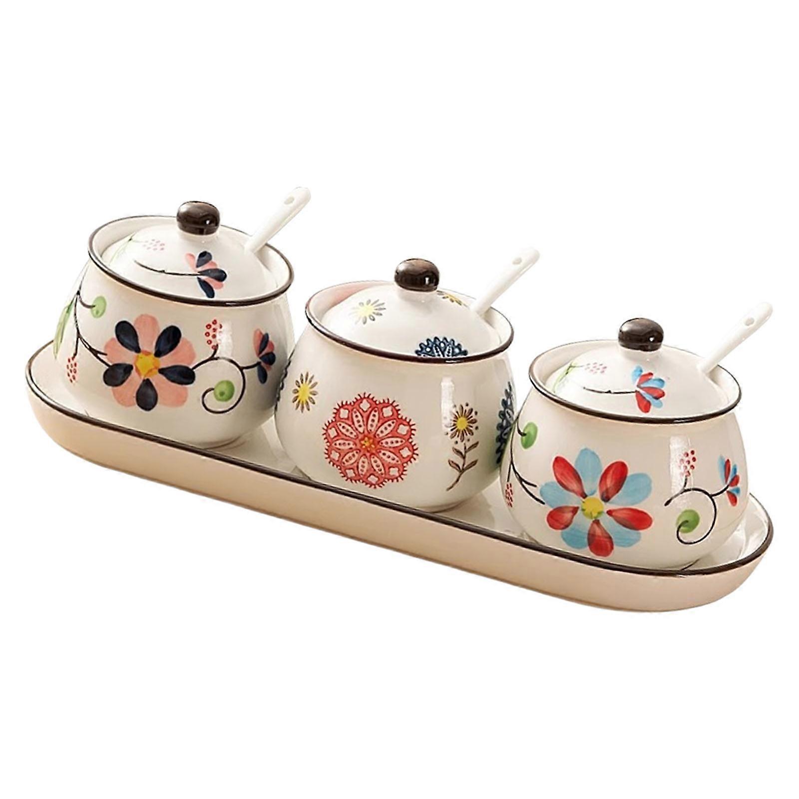 Elegant Storage Solution 4 Ceramic Spices Container With Lid and Serving Tray for Modern Kitchens Multicolor