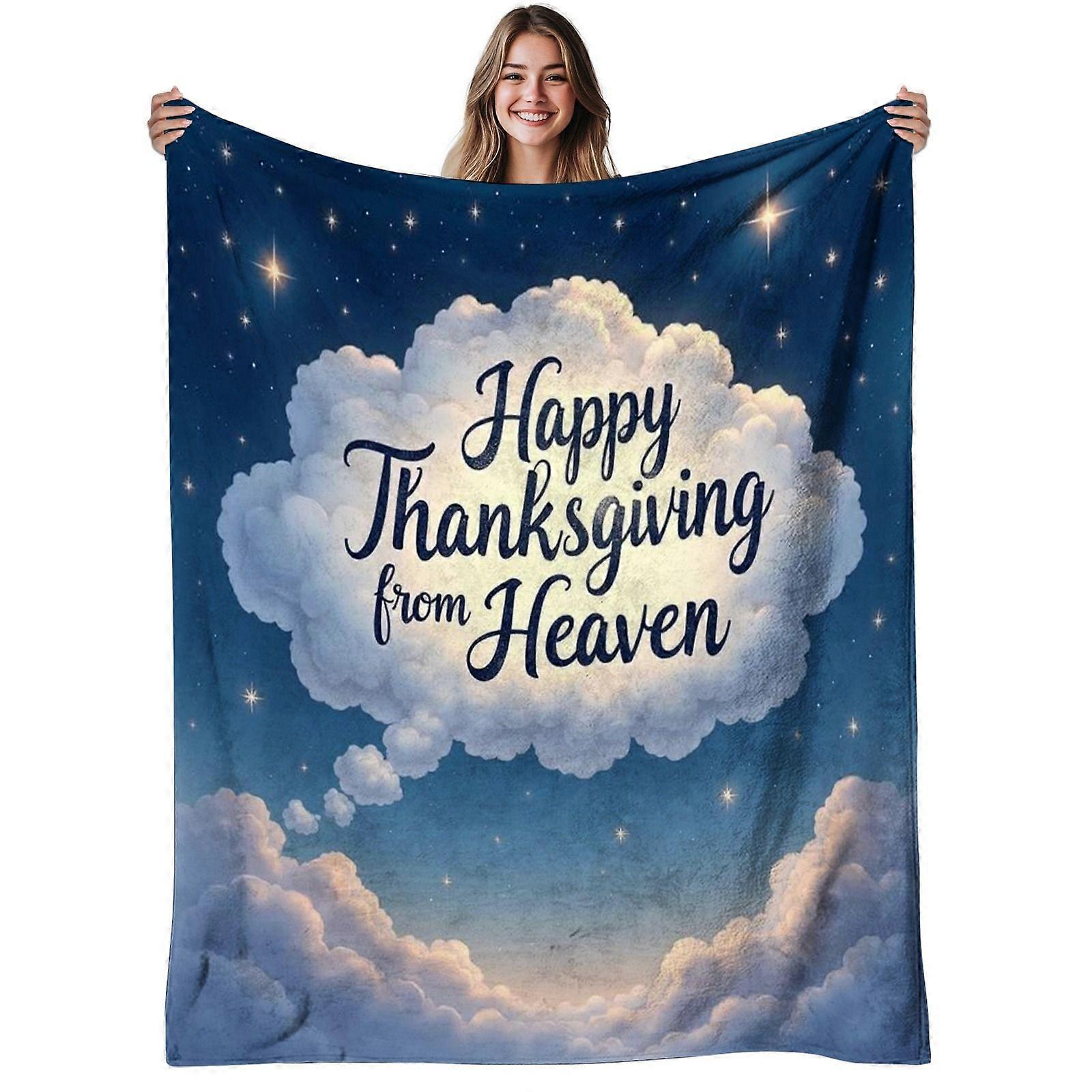 1pc Happy Thanksgiving from Heaven Flannel Blanket | Soft, Warm, Cloud Sky Design Print, Polyester, 280gsm, All-Season U-mnbvc63