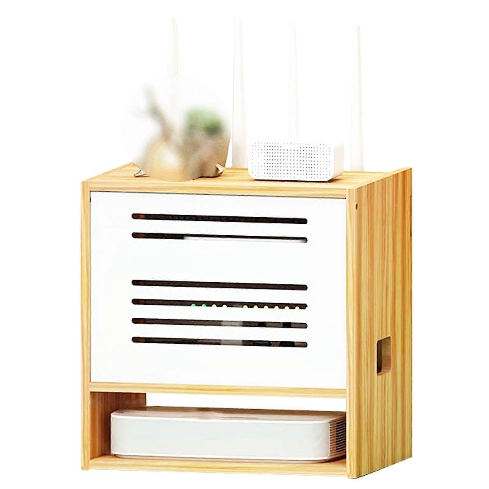 Wooden WiFi Router Storage Box with Flip Lid, MultiLayer Cable Management Shelf for Home Office