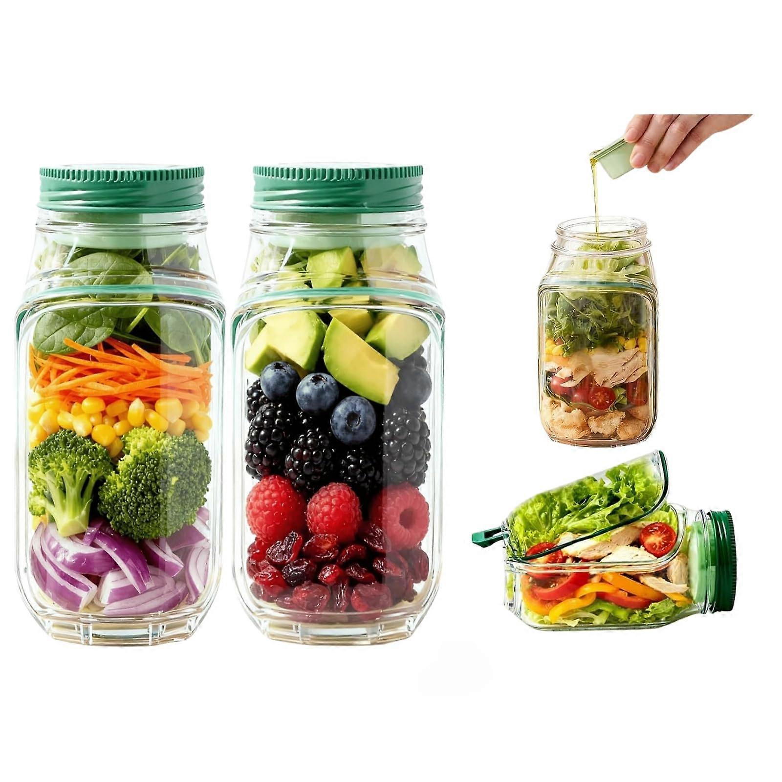 Salad Jar with Side Opening, Leakproof Lid and Dressing Container, Microwave Safe 2pcs