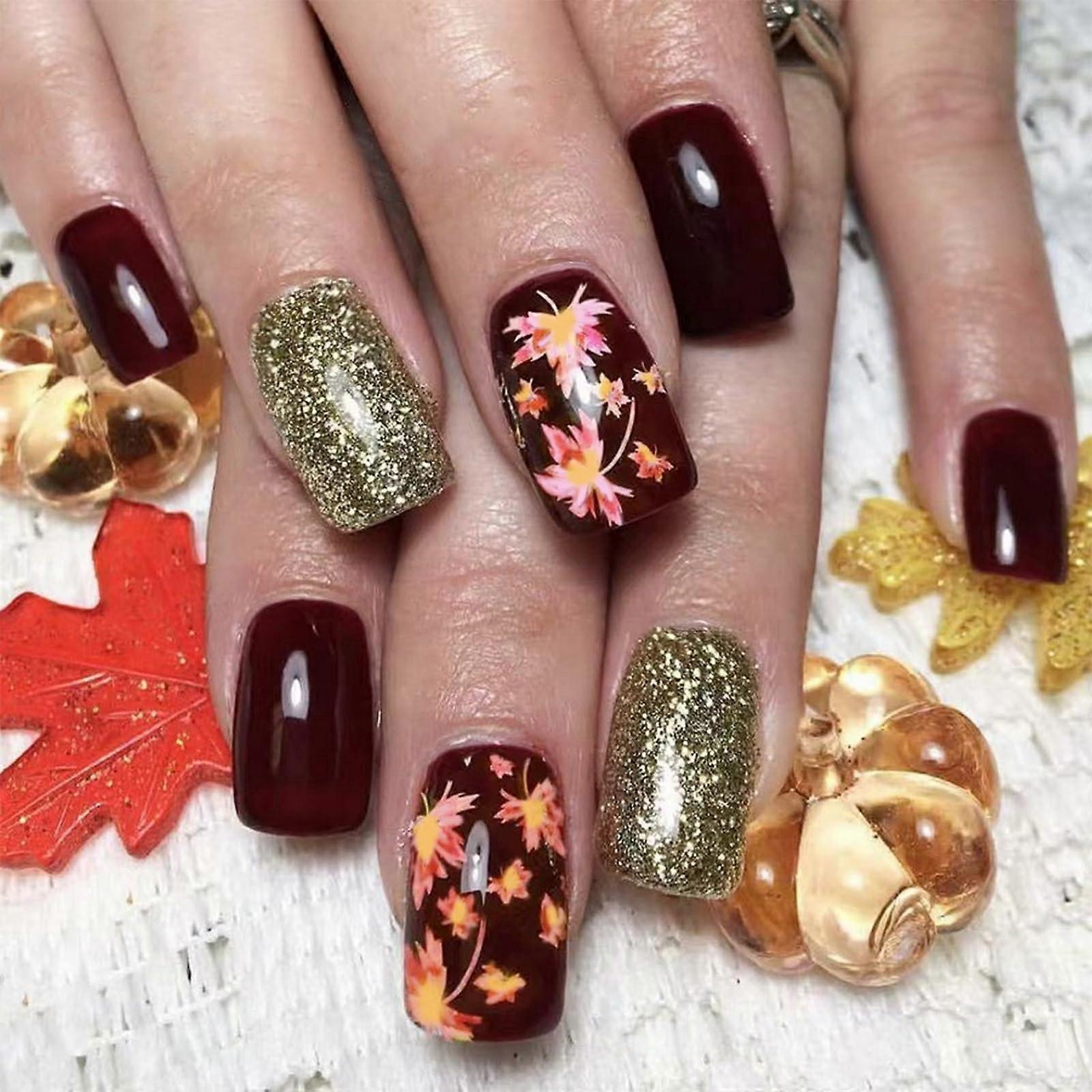 Wine Red Medium Square Press on Nails with Autumn Maple Leaf Designs, Reusable Glossy Set 24Pcs