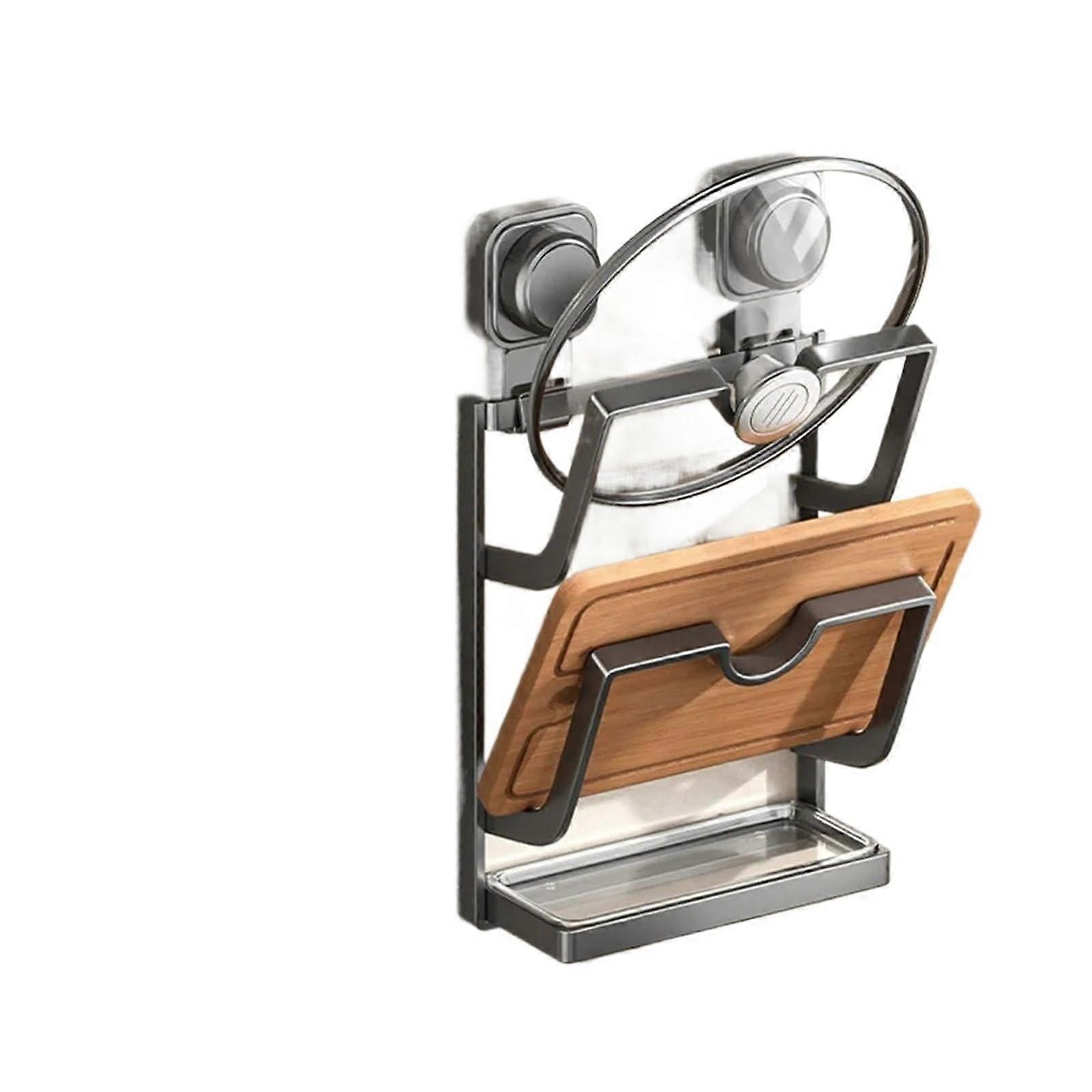 Punch Pot Lid Holder with Suction Cups, MultiLayer Wall Mounted Kitchen Organizer Grey 2Layer