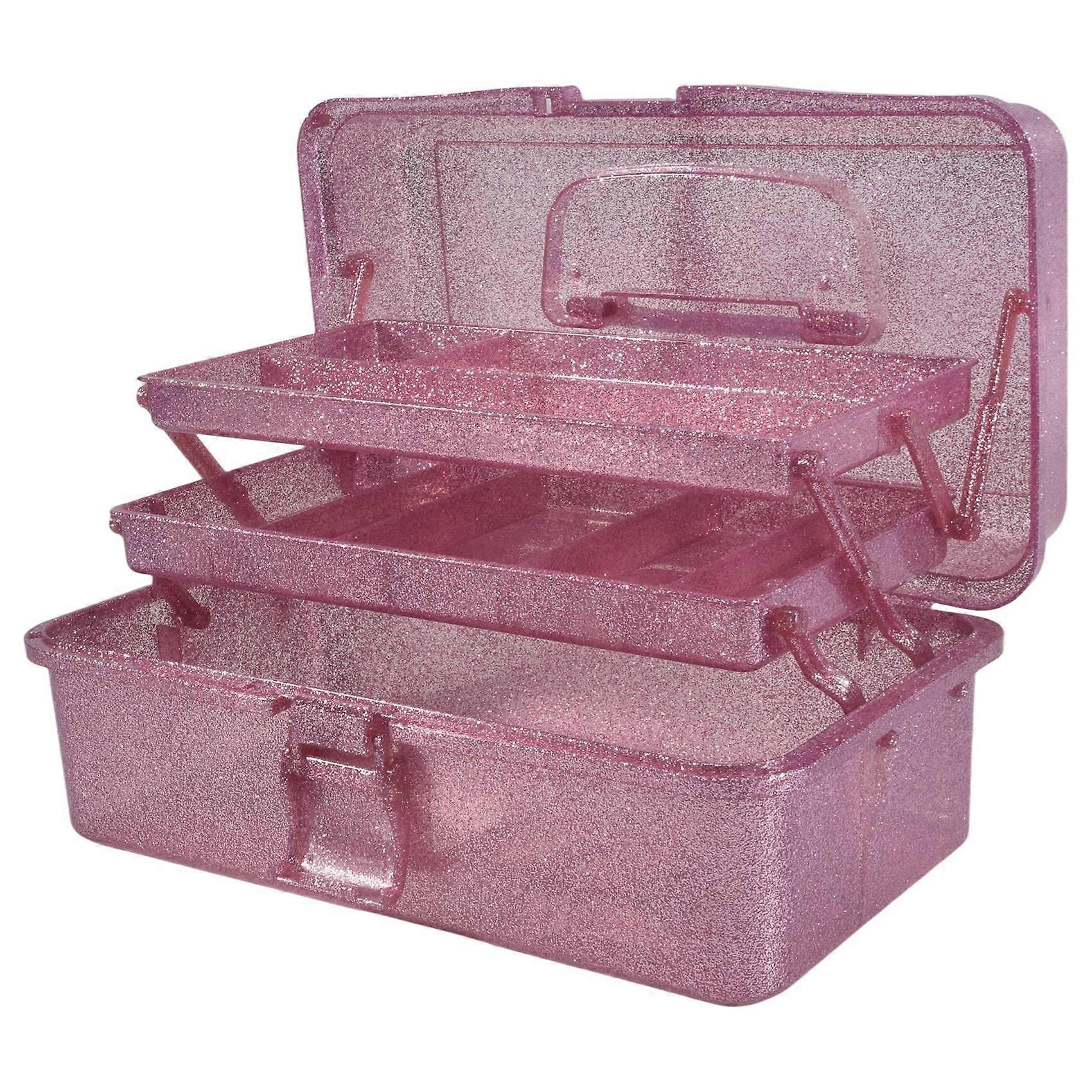 Glitter Pink & Craft Tool Storage Box,3-Layer Stackable Carry Tackle Box Sewing Box Organizer for Art