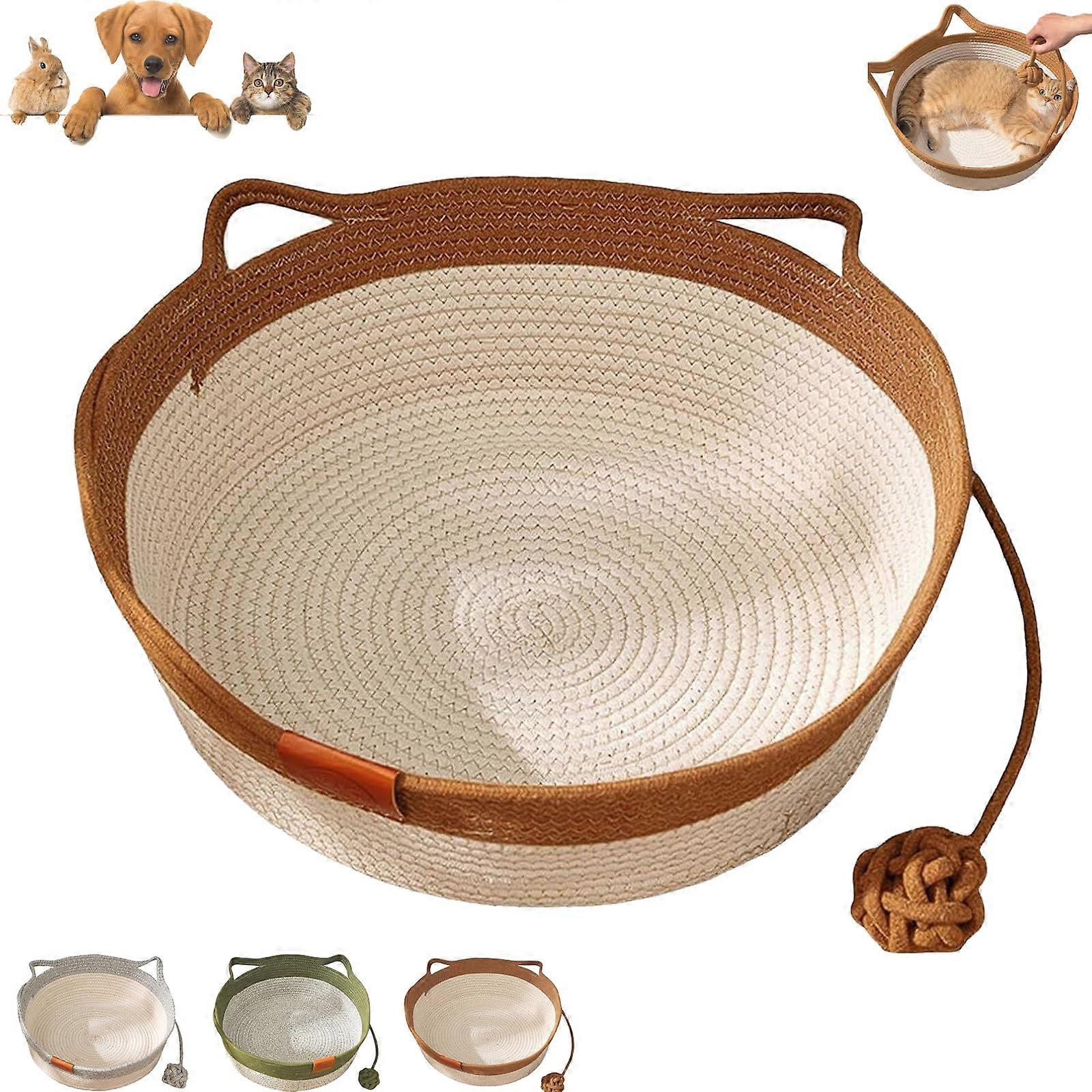Handwoven Cotton Rope Cat Bed with Toy Tail, Breathable All Season Basket, Brown S