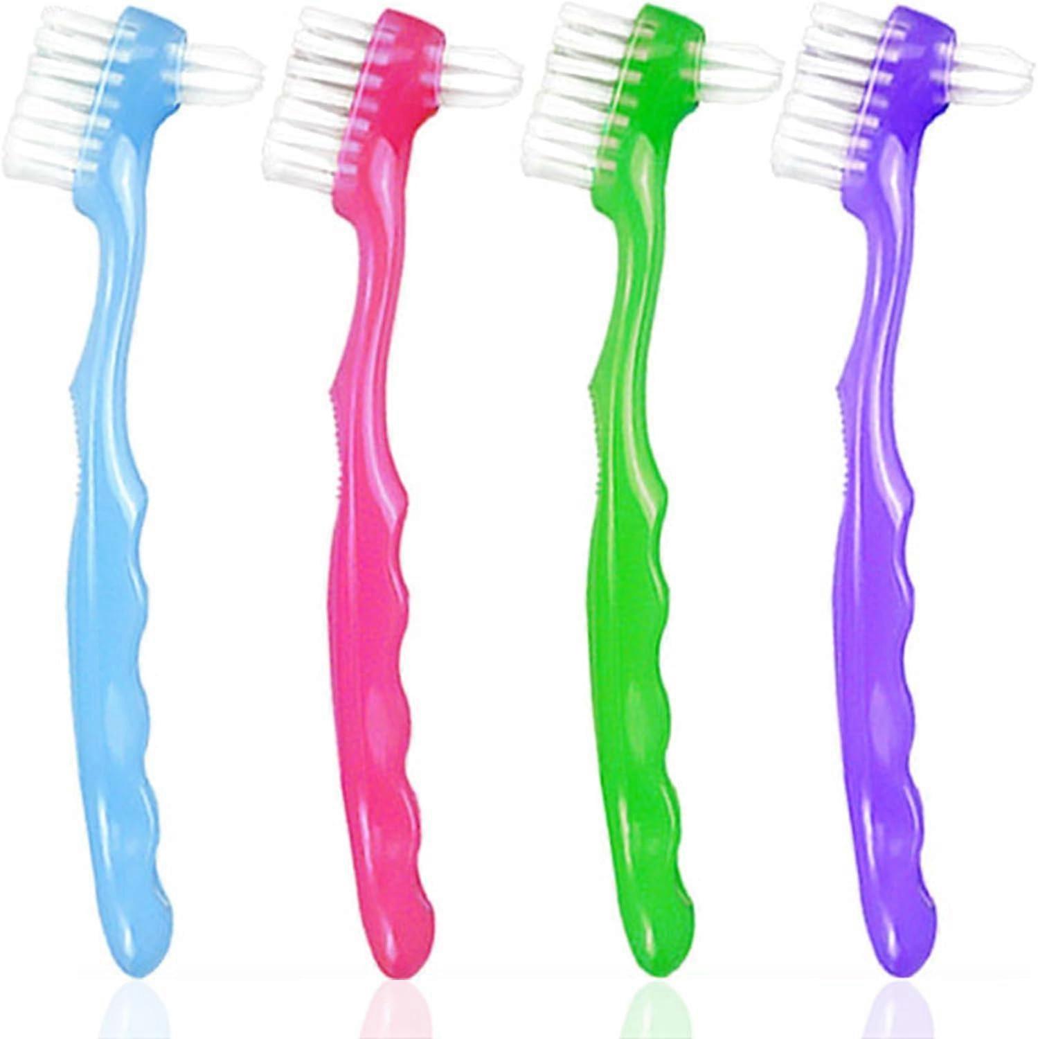 4 Pieces Denture Brush Set with MultiLayer Bristles, Ergonomic Rubber Grip for Deep False Teeth Cleaning
