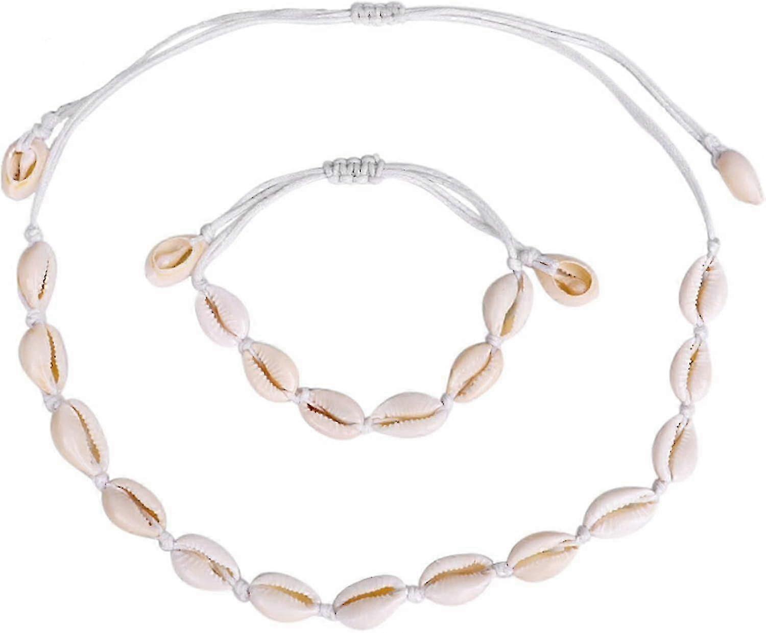 Shell Necklace, 2pcs Set - Adjustable Beaded Necklaces And Ankle Bracelet