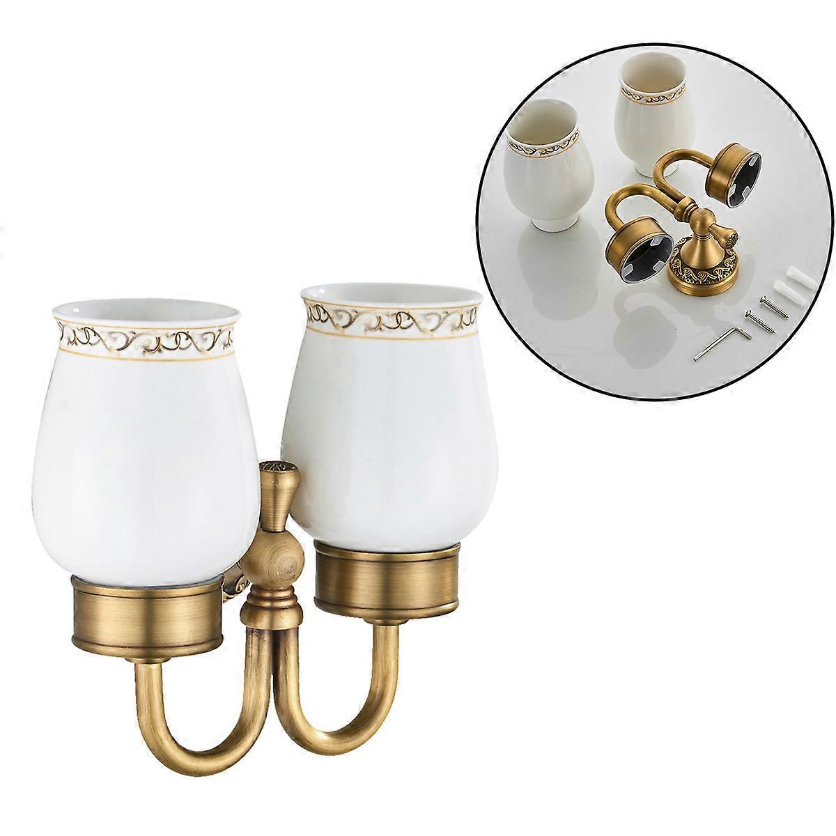 Toothbrush Cup Holder Wall Mounted Copper Double Cup Holder for Bathroom 2Pcs