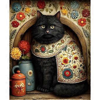 Schwarze Katze sitzt in einer Holznische mit Puzzle-Knobelspiel V4874