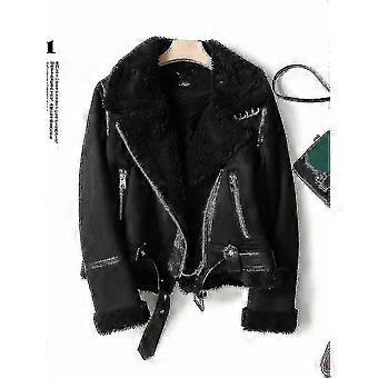 Women's Winter Faux Shearling Motorcycle Jacket Thick Warm Short Brown Suede Leather Coat,z