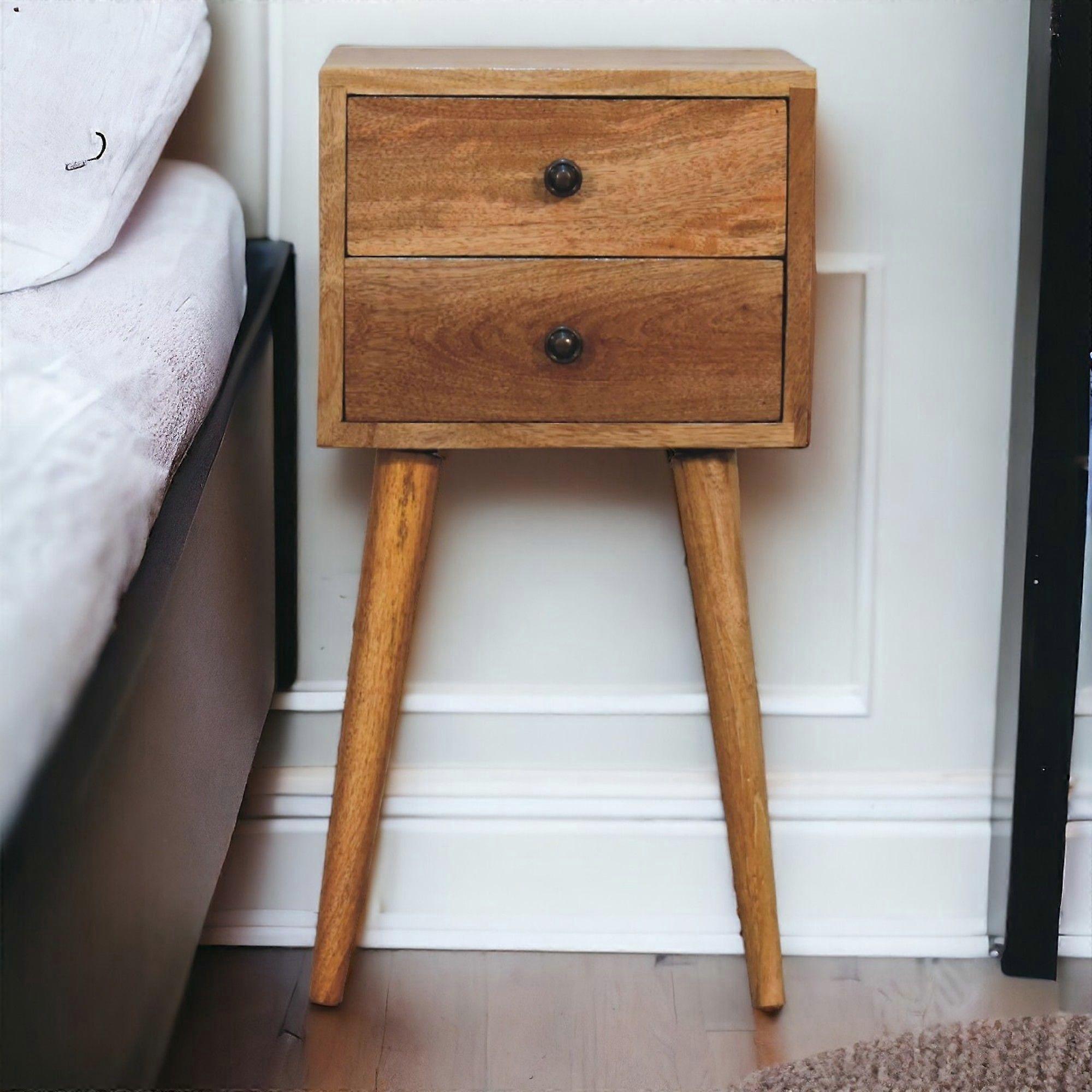 Solid Wood Mini Oak-ish Bedside, 2 Drawers, Brown