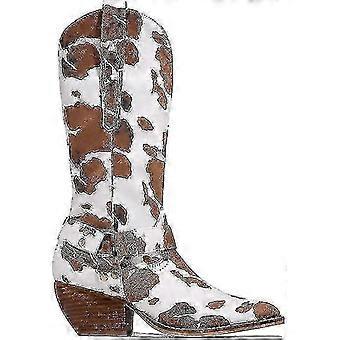 Cow Print Cowgirl Boots Block Chunky Heel Mid Calf 26-27