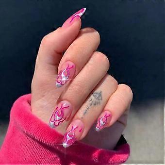 Long Stiletto Press on Nails Pink Flame Glossy Bling Full Cover Acrylic Fake Nails 24PCS