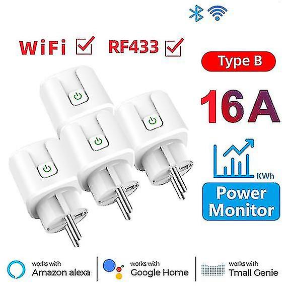 4pcs Wifi Eu Smart Plug Outlet 16a Adaptateur Power Monitor Wireless Remote Control App pour Google Home Alexa