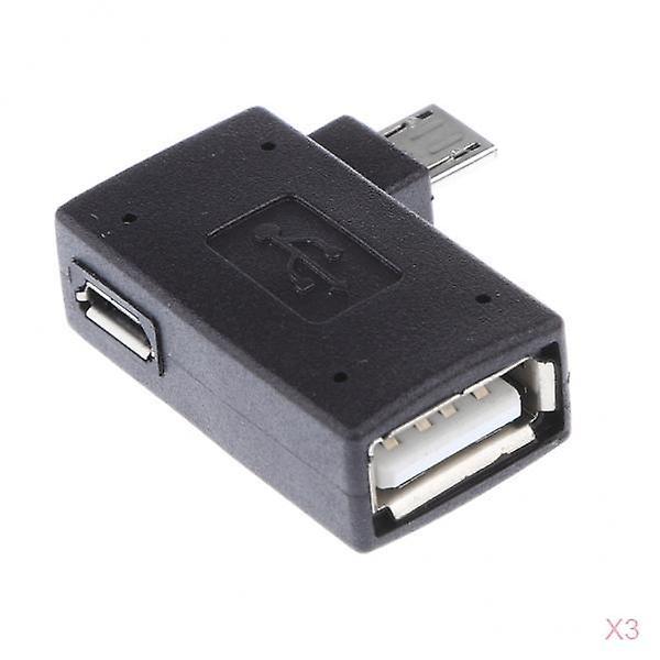 3 Piece 90 degree Left Angle Micro USB 2.0 OTG Host Adapter with USB Power