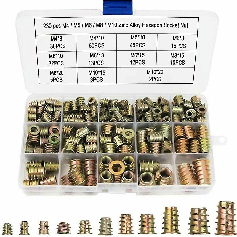 M4 M5 M6 M8 M10 Hex Nuts with Threaded Inserts, Zinc Alloy Hex Threaded Insert Nuts Inserts,(230PCS)