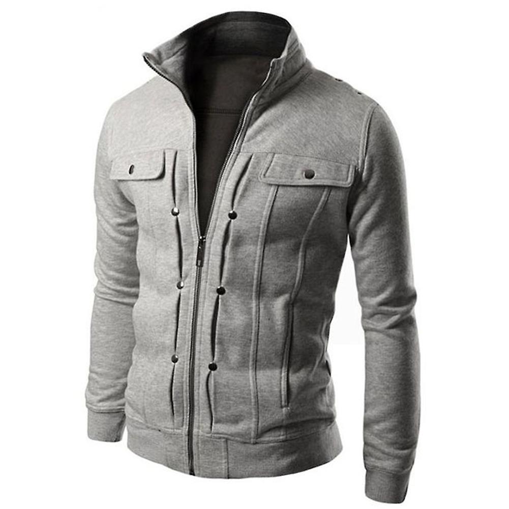 Fianao Plus Size Men Solid Color Stand Collar Long Sleeve Zip Pocket Slim Jacket Coat