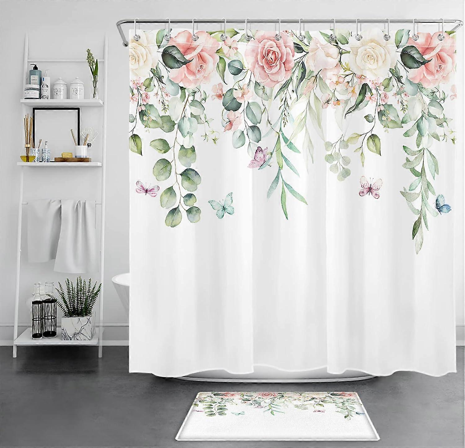 Beige and Pink Floral Shower Curtain Sets with Rugs Colorful Butterfly and Eucalyptus Leaf Green Plant on White Fabric Shower Curtain with Hooks Sprin