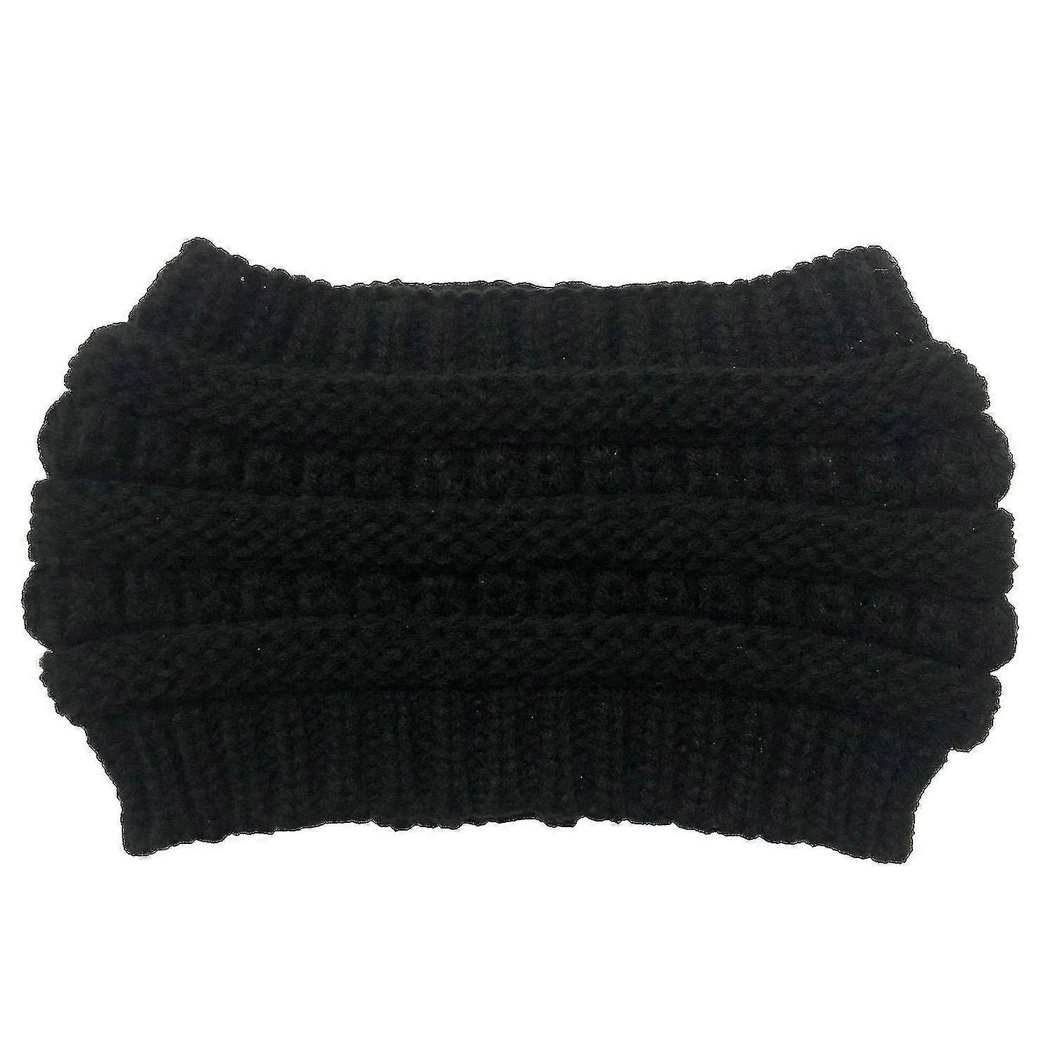 Headband Soft Stretch Cable Knit Messy Bun Ponytail Beanie Winter Hat For Women