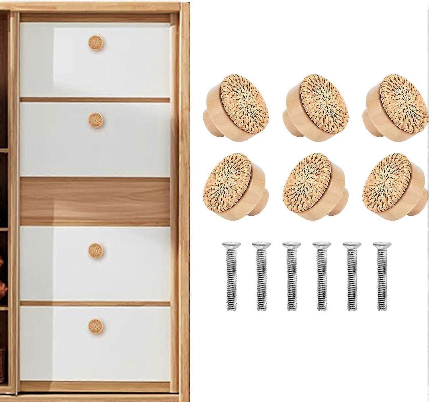 6 Rattan Furniture Knobs Round Wooden Knobs for Chests of Drawers, Furniture, Wardrobes, Drawers - 40 x 30 mm