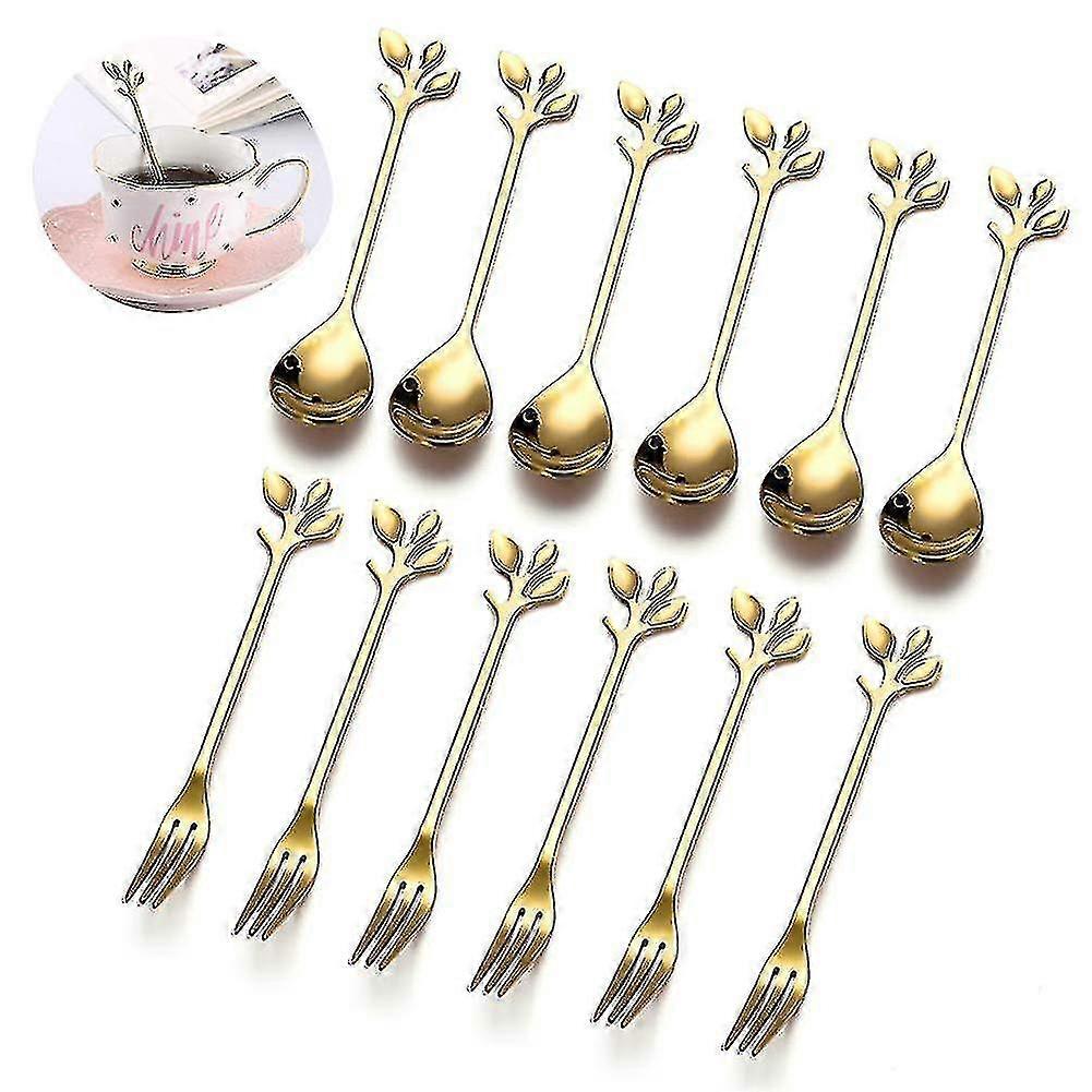Stainless Steel Coffee Spoon Dessert Fork/leaf Retro Spoon Fork Set/cocktail Tableware/12pcs