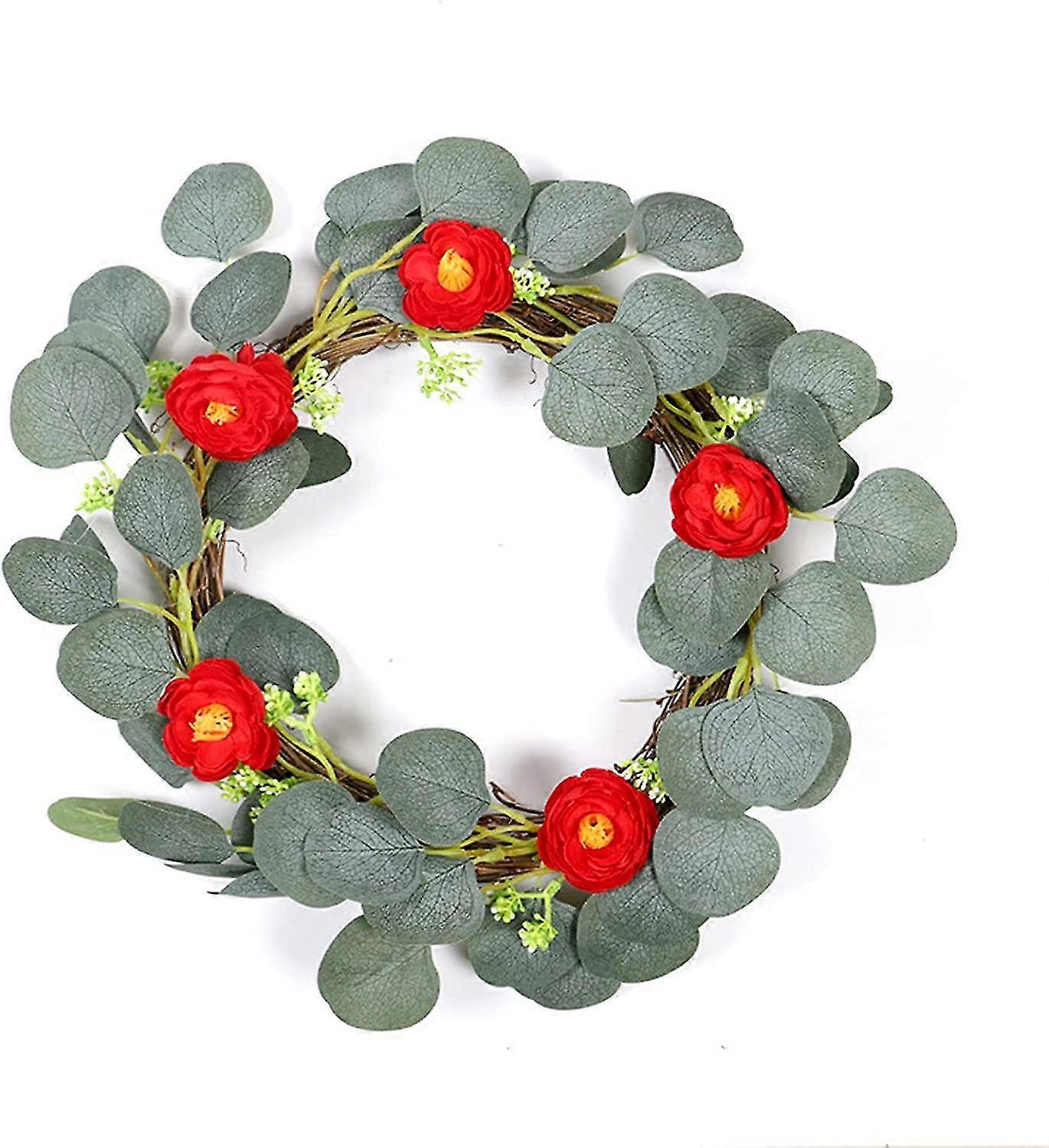 15.9 '' Artificial Eucalyptus Wreath With Plastic Red Roses For Front Door, Wedding Wall