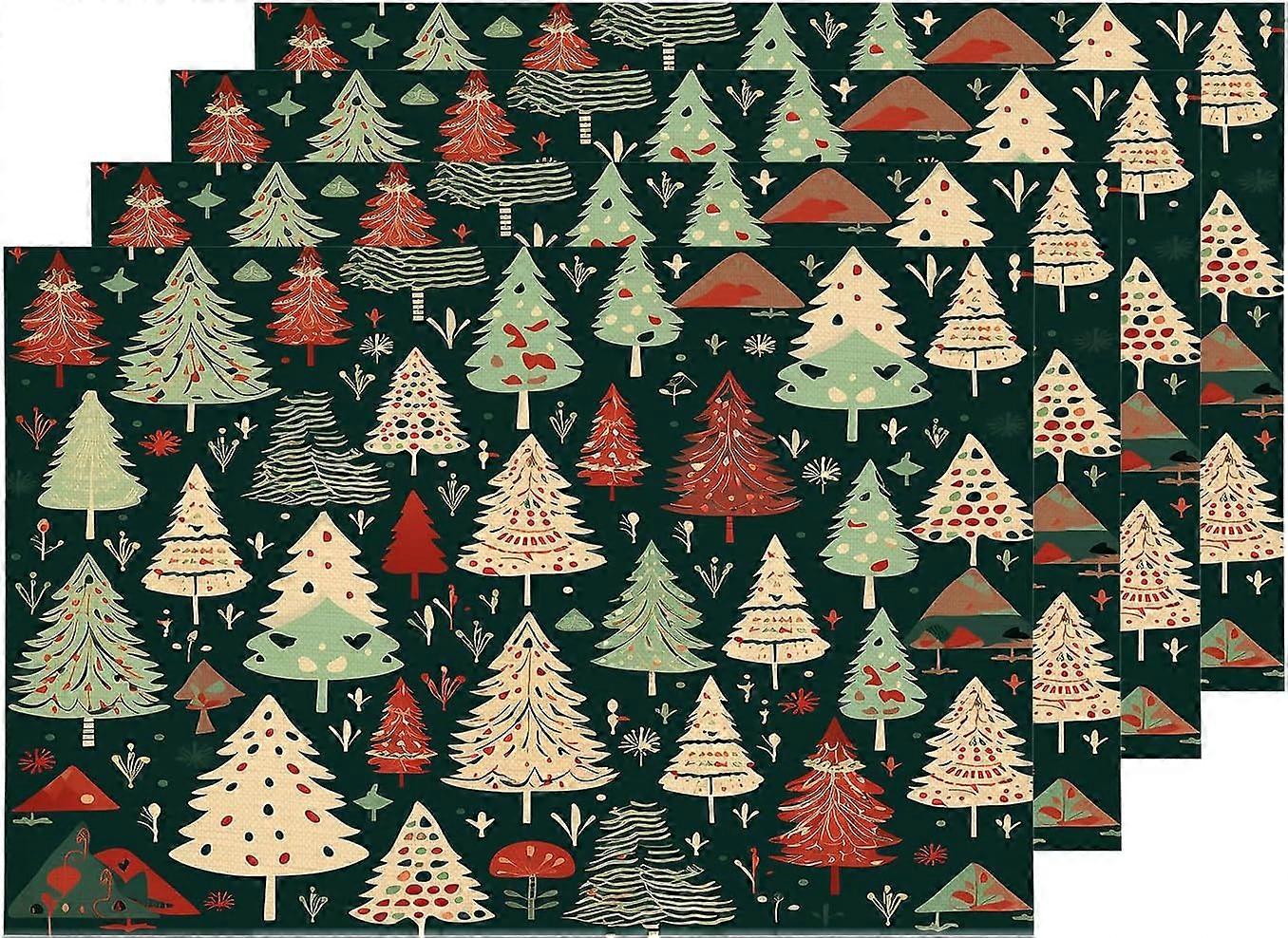 Noël Nouvel An Sets de table, arbre de Noël dessin animé fond vert tapis de table en lin toile de jute lavable à deux étages isolation thermique pour kit de table à manger