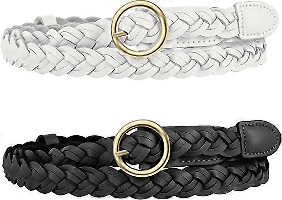 2 pieces of women's retro thin woven straps (white+black), tight PU leather circular Japanese button woven straps, used for jeans dresses