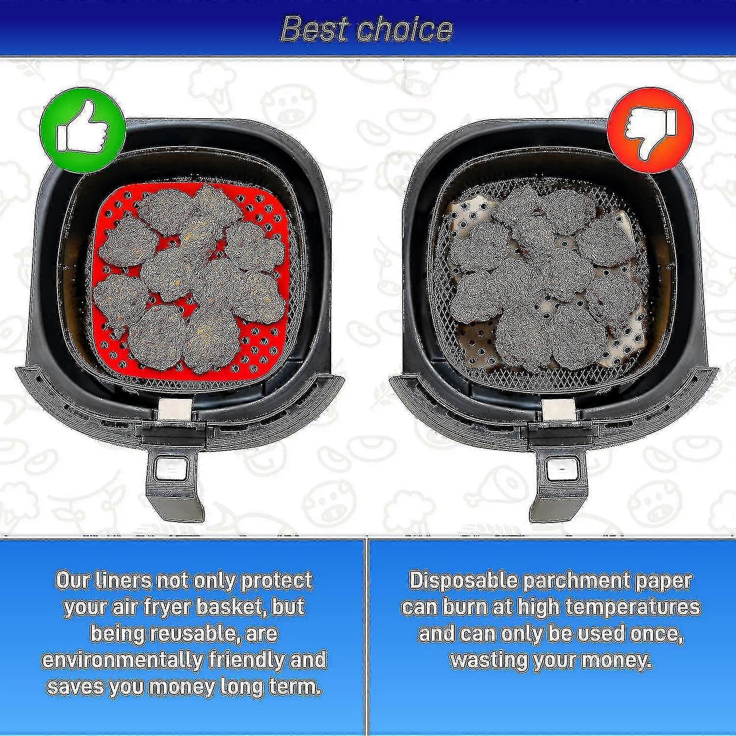 3-pack of Reusable Silicone Air Fryer Liners with Air Fryer Magnetic Cheat Sheet - 7.5 Square