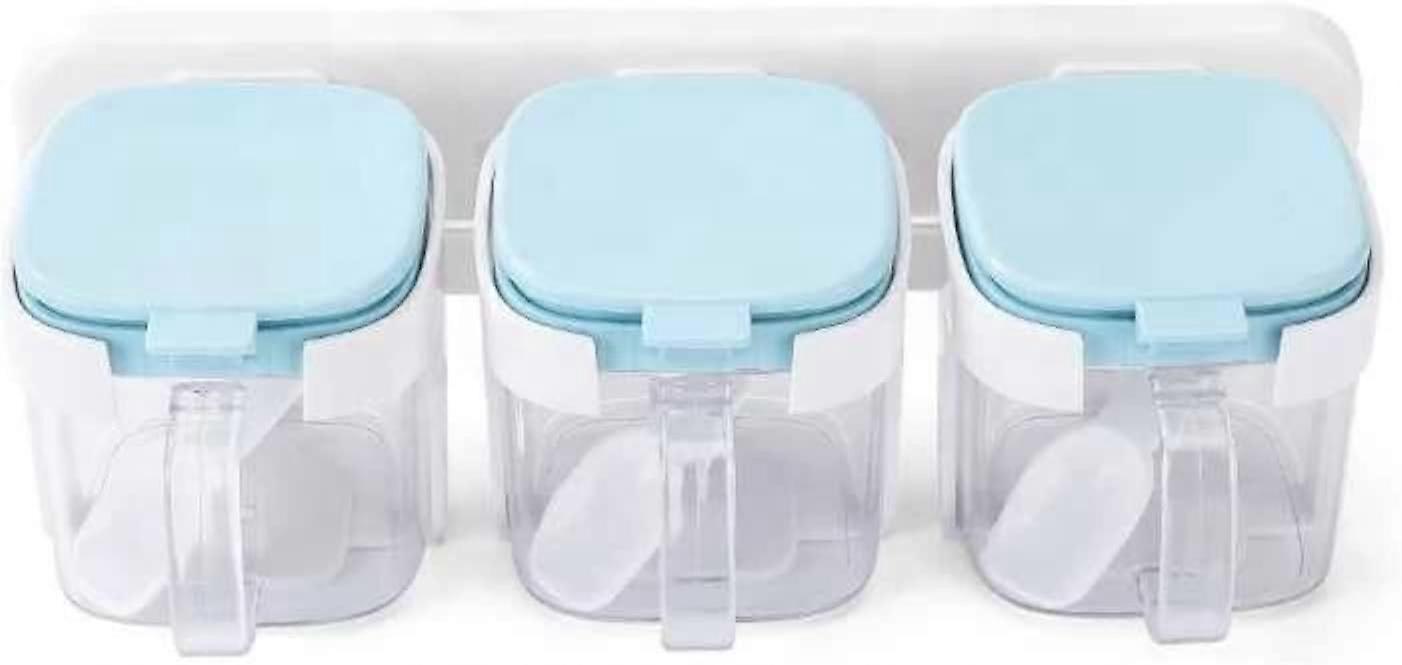 Spice jars,Self Adhesive Wall Mounted Seasoning Containers,Plastic spice jars,Spice Box with Spoon,Used to store spices salt sugar (Blue)