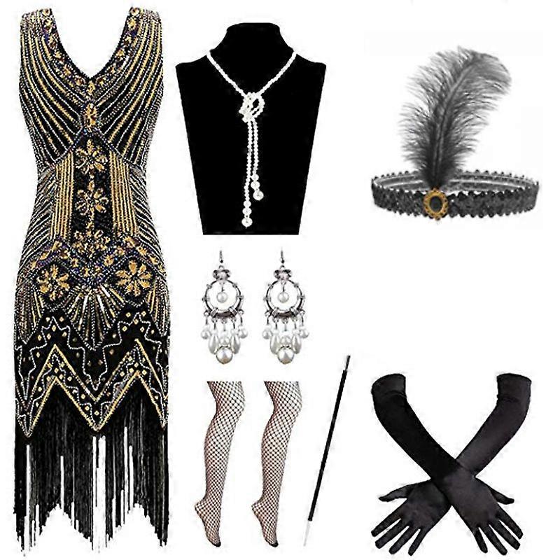 7pcs Women 1920s Gatsby Vintage Sequin Party Dress with Accessories Set