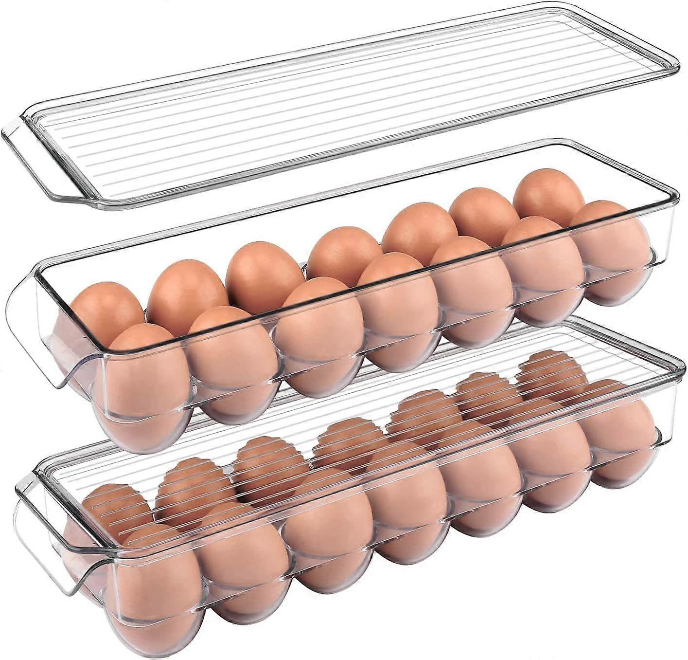 Egg Crisper Storage Box, Egg Box with 14 Compartments, Clear Dustproof Stackable Storage Box with Lid (2pcs)