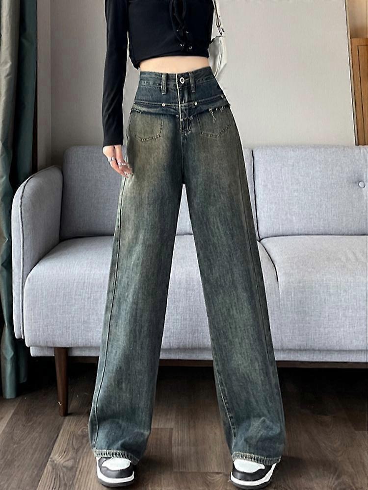 Mode coréenne Femmes taille haute droite style streetwear bleu