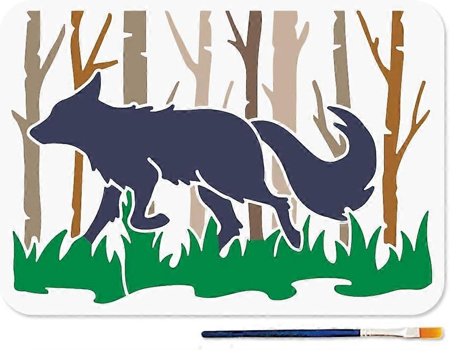 Forest Fox Stencil Tree Fox Grass Templates 11.7x8.3inch Reusable Wildlife Forest Animal Stencil with Paint Brush A4 Template for Wood Wall Window DIY