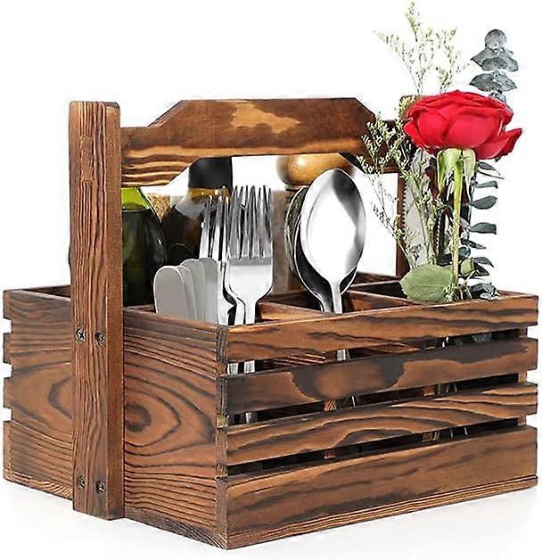 Wooden Utensil Caddy, Removable Handle, 4 Compartments for Kitchen Countertop
