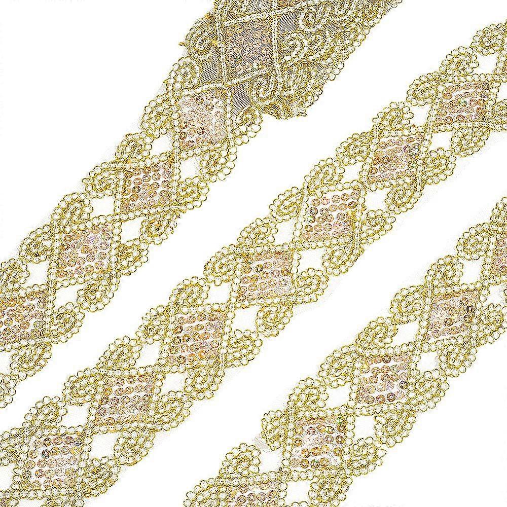 Rhombus Pattern Polyester Ribbon Lace Ribbons with Plastic Sequins Gold 2-1/2 inch(65mm) 10 yards/pc