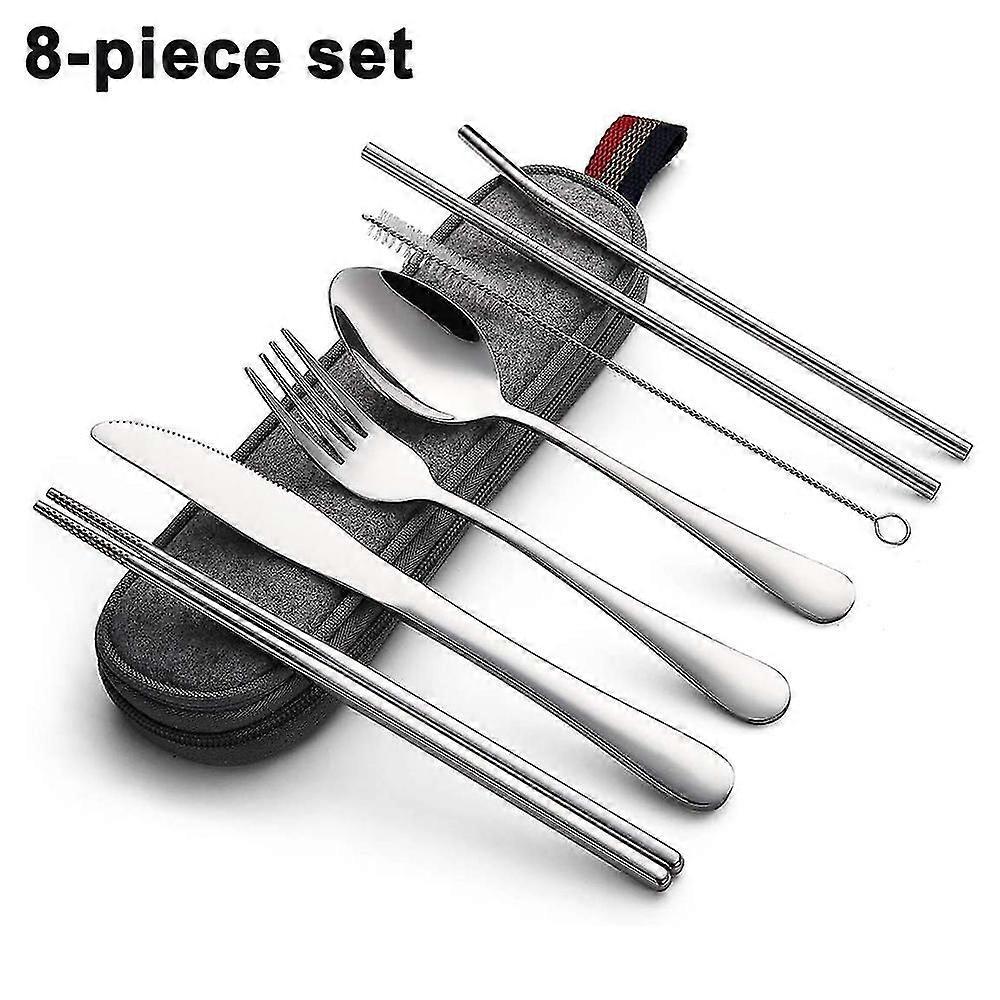 Reusable Utensils Set With Case Portable Travel Utensils Cutlery Set Stainless Steel Flatware Set For Camping 8pcs Including Dinner Knife Fork Spoon C