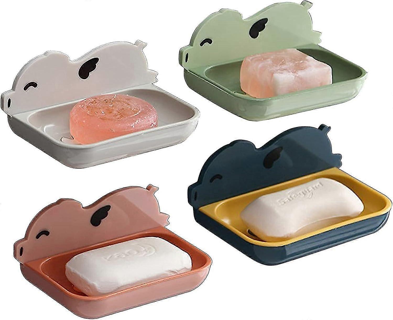 4 Pcs Pig Shaped Soap Box With Suction Cup For Bathroom Creative Bathroom Wall Hanging Soap Box Double Drain Box Free Perforated Soap Storage Box