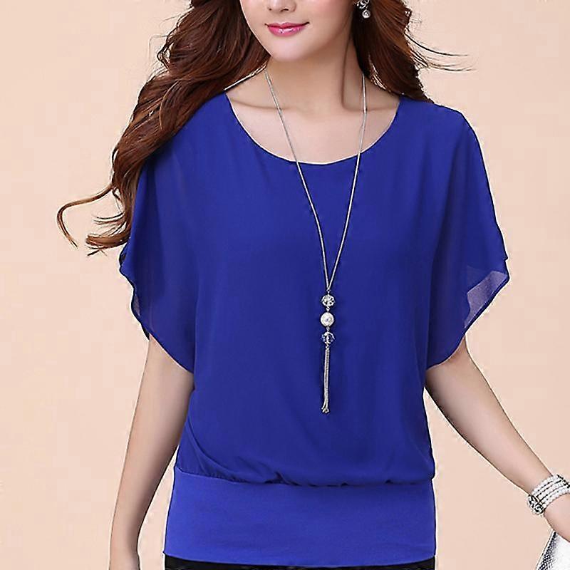 Kvinder Mode Chiffon Bluse Sommer Helfarve O-hals Løse Toppe