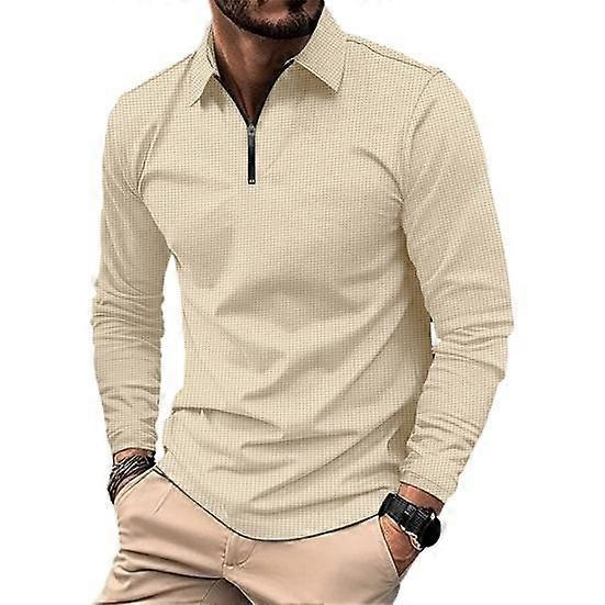 Men Summer Top Zipper Turn-down Collar Long Sleeves Pullover Slim Fit Solid Color Soft Breathable Sweat-absorption Men Casual Shirt