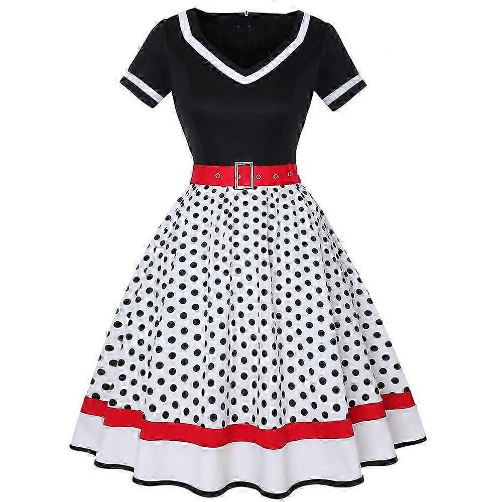 فساتين نسائية Rockabilly ، 50s خمر كم قصير رقبة منقطة أرجوحة فستان كوكتيل