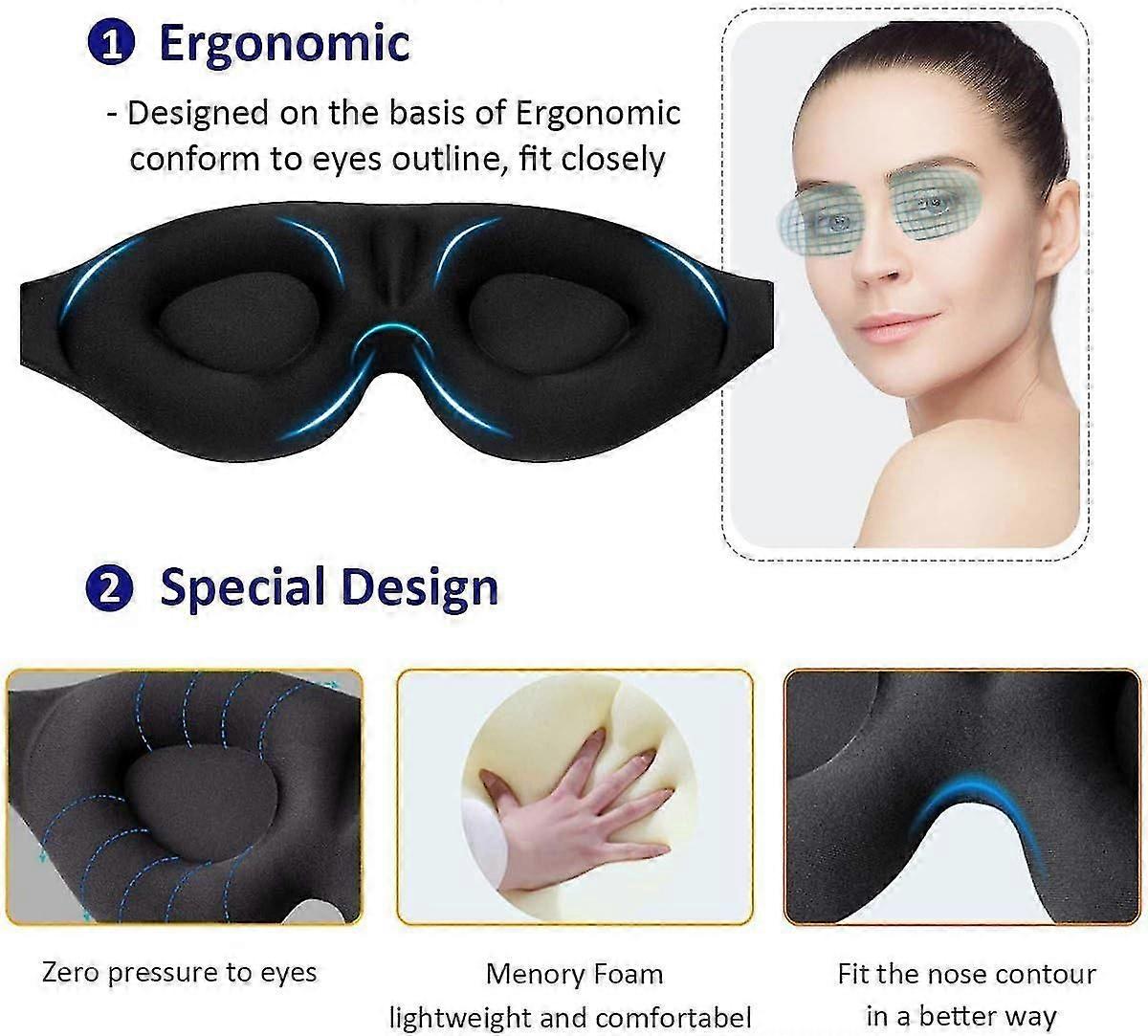 Masque pour les yeux léger 100% Blockout pour dormir 3D Contoured Blindband, couverture des yeux améliorée avec sangle réglable