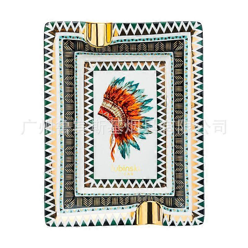 Robinson Cigar Ashtray Ceramic Painted Double Groove Indian Eagle Feather Crown Lubinski Cigar Ashtray