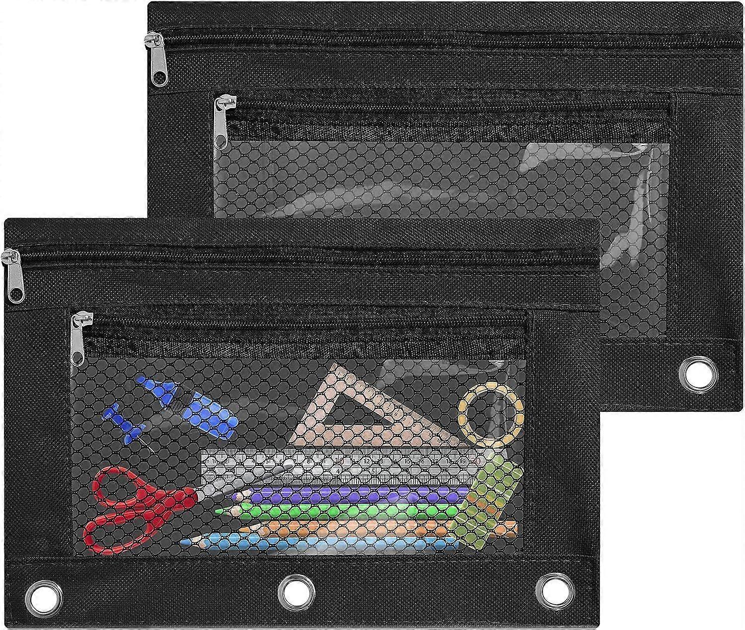 حقيبة قلم رصاص الموثق ل 3 حلقات الموثق ، 2 عبوة من 3 الحقائب الدائرية الرخيصة بالقلم الرصاص حقيبة مستحضرات التجميل بسحاب مزدوج ، أسود