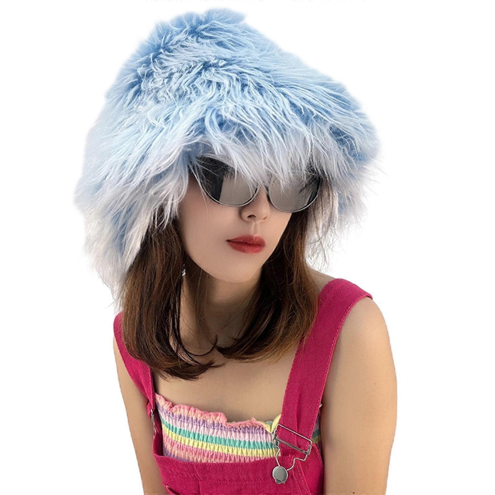 Winter Keep Warm Plush Bucket Hat Ladies Windproof Commute Camping Fisherman Cap Faux Furs Design Hat for Girlfriend  Sky Blue