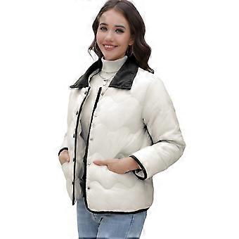 Damen Leichte gesteppte Daunenjacke mit Taschen Colorblock Revers Knopfleiste Gefütterte Langarmbekleidung Oberbekleidung Parkas Mantel Weiß XL
