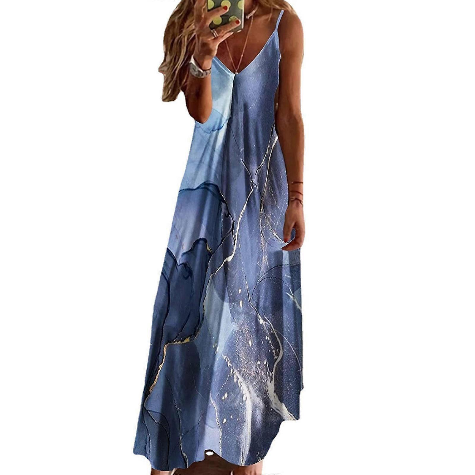 Robe imprimée accrocheuse Femmes Robe d’été Robe à bretelles Robe sans manches imprimée taille haute pour fille bleu marine XL